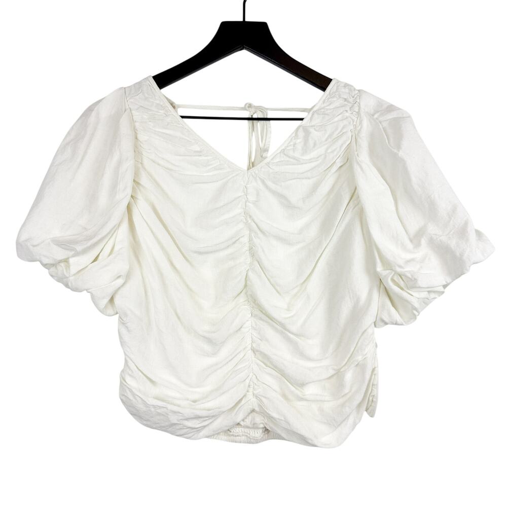 Pilcro Anthropologie Ruched Puff Sleeve Crop Blouse Open Back White - M